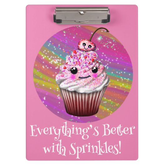 Cute Pink Cherry Cupcake met Sprinkles Cliboard Klembord (Voorkant)
