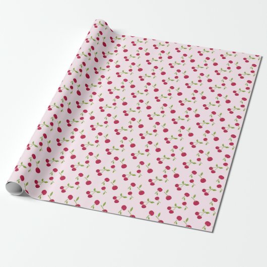 Cute Pink Cherry Retro Fruit Cadeaupapier (Uitgerold)