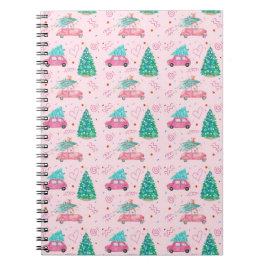 Cute Pink Christmas Car Tree Seamless Pattern Notitieboek