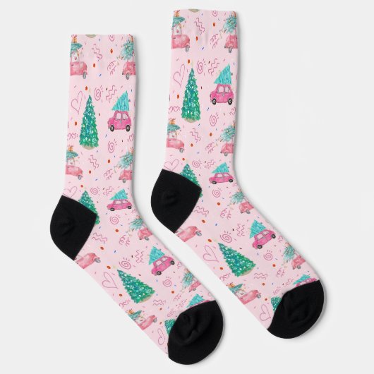 Cute Pink Christmas Car Tree Seamless Pattern Sokken (Rechts)