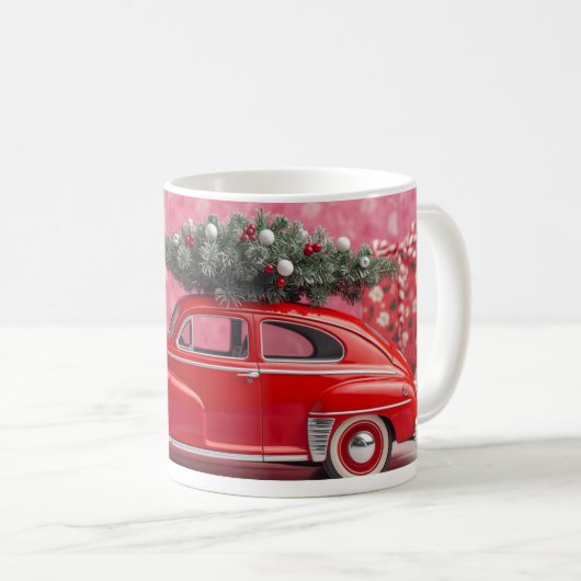 “Cute Pink Christmas Mug – Red Car & Tree Holiday  Koffiemok (Voorkant rechts)