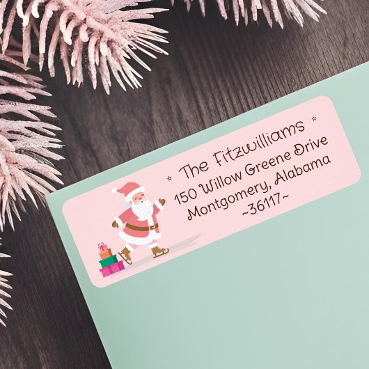 Cute Pink Christmas Santa Claus Ice Skating  Etiket