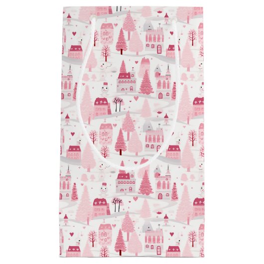 Cute Pink Christmas Village Snowy Day  Klein Cadeauzakje (Voorkant)