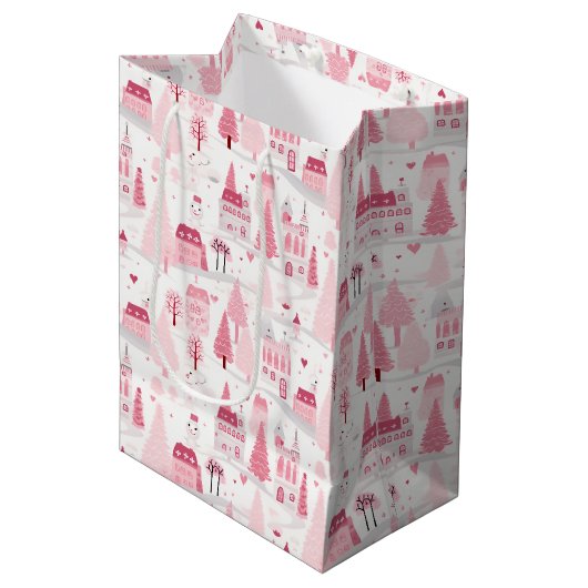 Cute Pink Christmas Village Snowy Day Medium Cadeauzakje (Voorkant Gekanteld)