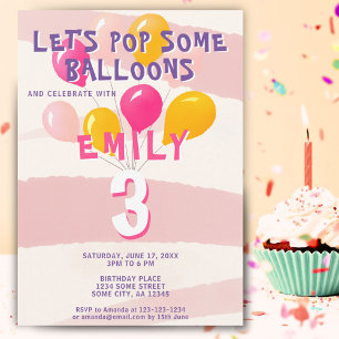Cute Pink Colorful Balloons Girl Birthday Party Kaart