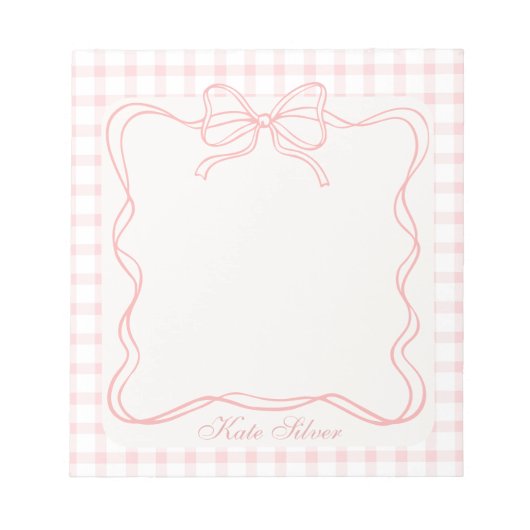 Cute Pink Coquette Bow Gingham Personalized Name Notitieblok (Voorkant)