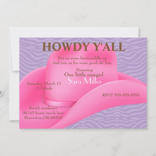 Cute Pink Country Cowboy Pet Birthday Invite Kaart (Voorkant)