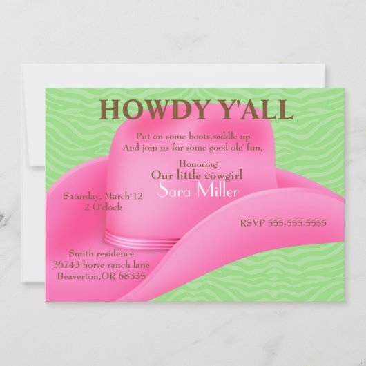Cute Pink Country Cowboy Pet Birthday Invite Kaart (Voorkant)