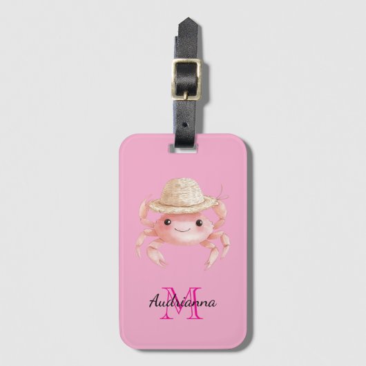 Cute Pink Crab Beach Monogram Bagagelabel (Voorkant (verticaal))
