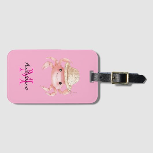 Cute Pink Crab Beach Monogram Bagagelabel (Voorkant (horizontaal))