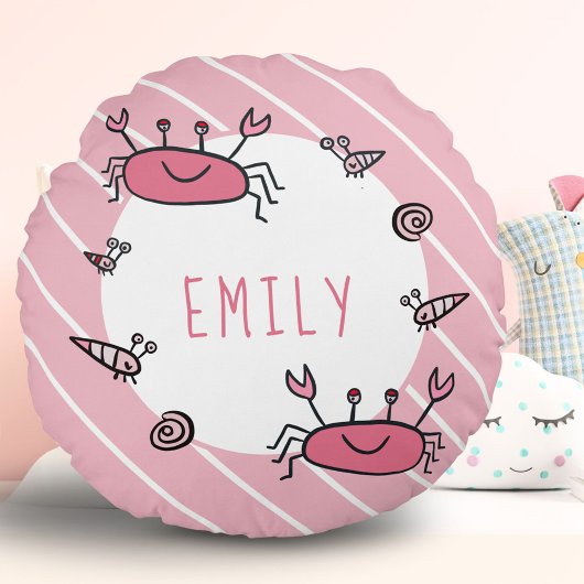 Cute Pink Crab Zee Animal Girl Naam Rond Kussen