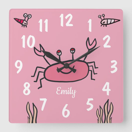Cute Pink Crab Zee Animal Girl Naam Vierkante Klok (Voorkant)