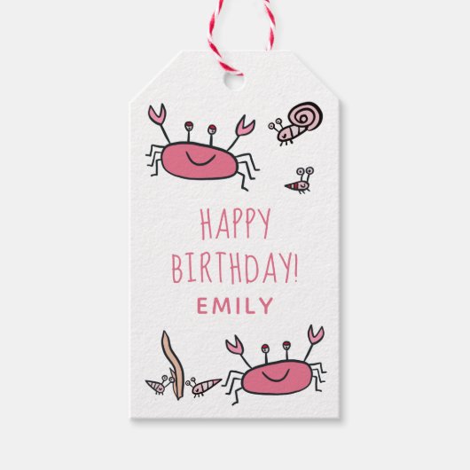 Cute Pink Crab Zee Animals Girl Happy Birthday Cadeaulabel (Voorkant)