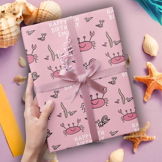 Cute Pink Crab Zee Animals Girl Happy Birthday Cadeaupapier