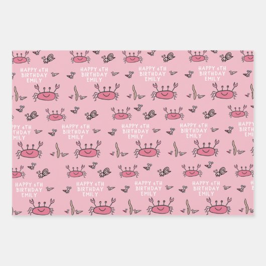 Cute Pink Crab Zee Animals Girl Happy Birthday Inpakpapier Vel (Voorkant 3)