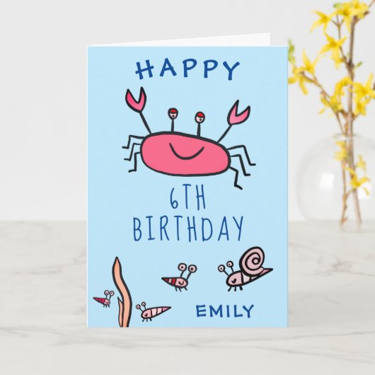 Cute Pink Crab Zee Animals Girl Happy Birthday Kaart (Gele Bloem)