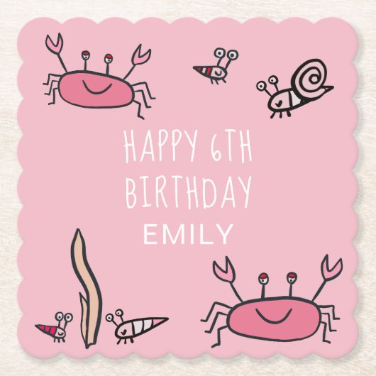 Cute Pink Crab Zee Animals Girl Happy Birthday Kartonnen Onderzetters (Voorkant)