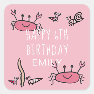 Cute Pink Crab Zee Animals Girl Happy Birthday Vierkante Sticker
