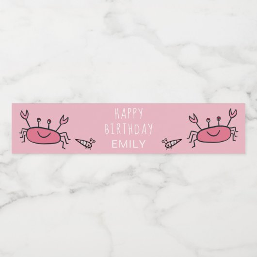 Cute Pink Crab Zee Animals Girl Happy Birthday Waterfles Etiket (Enkel label)