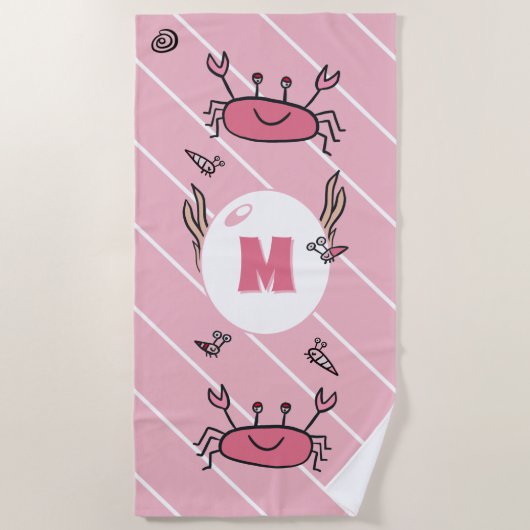 Cute Pink Crab Zee Animals Girl Monogram Strandlaken (Voorkant)