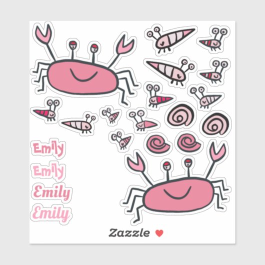 Cute Pink Crab Zee Animals Girl Name Sticker (Vel)
