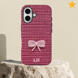 Cute Pink Crochet Bow Yarn Custom Name iPhone 16 Hoesje