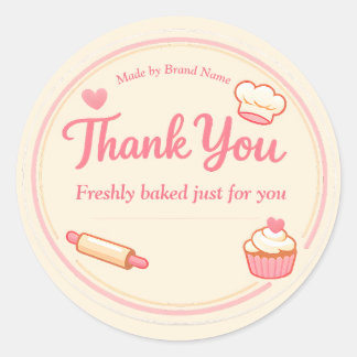 Cute Pink Cupcake and Rolling Pin Bakery Thank You Ronde Sticker