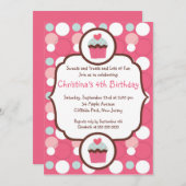 Cute Pink Cupcake Birthday Party Invitation Kaart (Voorkant / Achterkant)