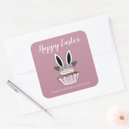 Cute Pink Cupcake Bunny Ears Happy Pasen Vierkante Sticker