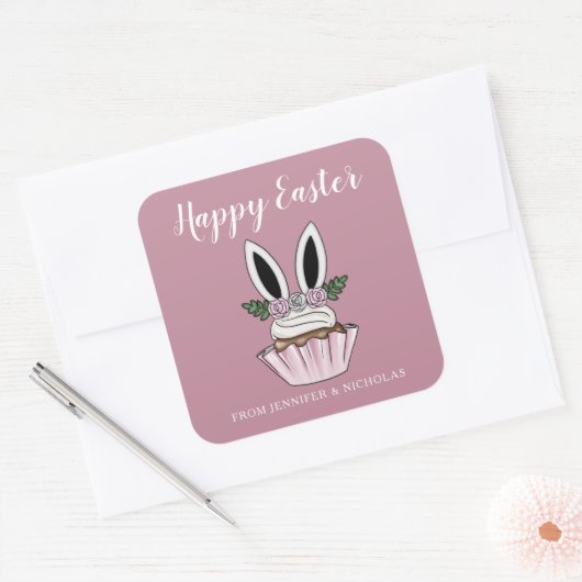 Cute Pink Cupcake Bunny Ears Happy Pasen Vierkante Sticker (Envelop)