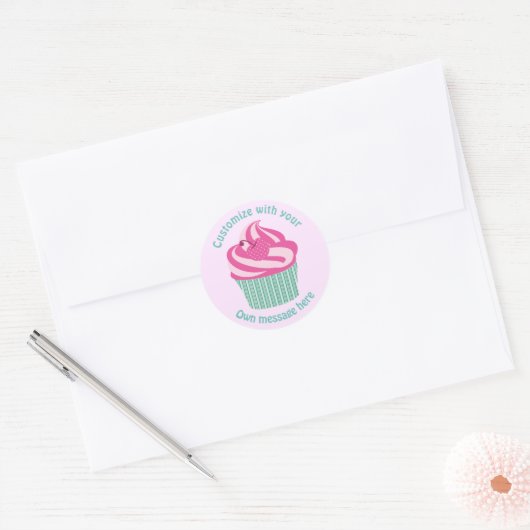 Cute Pink Cupcake Pastel Pink Custom Text Ronde Sticker (Envelop)