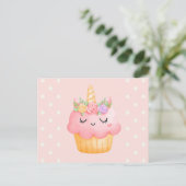 Cute Pink Cupcake Unicorn met Roos Briefkaart (Staand voorkant)