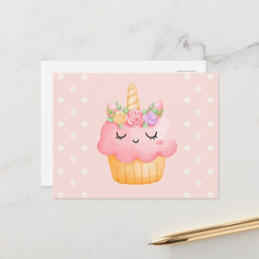 Cute Pink Cupcake Unicorn met Roos Briefkaart (Voorkant / Achterkant in situ)