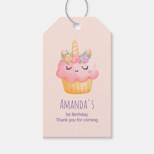 Cute Pink Cupcake Unicorn met Roos Cadeaulabel (Voorkant)