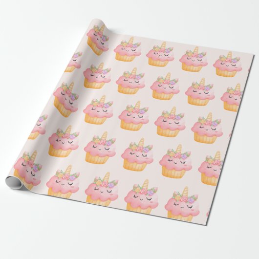 Cute Pink Cupcake Unicorn met Roos Cadeaupapier (Uitgerold)