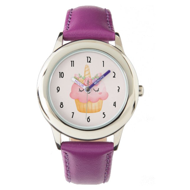 Cute Pink Cupcake Unicorn met Roos Horloge (Voorkant)
