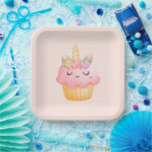 Cute Pink Cupcake Unicorn met Roos Papieren Bordje (Feest)