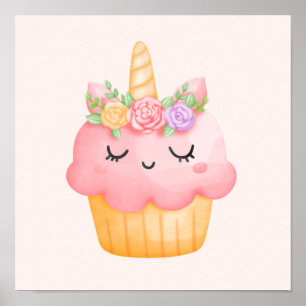 Cute Pink Cupcake Unicorn met Roos Poster