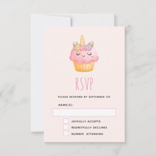 Cute Pink Cupcake Unicorn met Roos RSVP Kaartje (Voorkant)