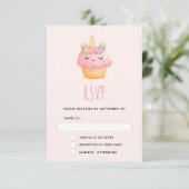 Cute Pink Cupcake Unicorn met Roos RSVP Kaartje (Staand voorkant)