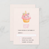 Cute Pink Cupcake Unicorn met Roos RSVP Kaartje (Voorkant / Achterkant)