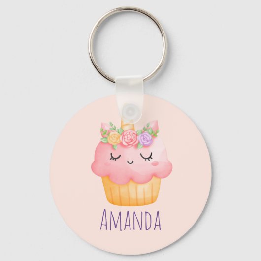 Cute Pink Cupcake Unicorn met Roos Sleutelhanger (Voorkant)