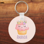 Cute Pink Cupcake Unicorn met Roos Sleutelhanger (Voorkant)