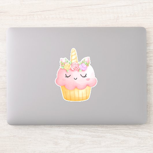 Cute Pink Cupcake Unicorn met Roos Sticker (Computer)