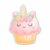 Cute Pink Cupcake Unicorn met Roos Sticker (Voorkant)