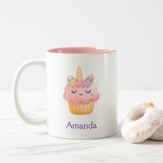 Cute Pink Cupcake Unicorn met Roos Tweekleurige Koffiemok (Met donut)