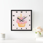 Cute Pink Cupcake Unicorn met Roos Vierkante Klok (Huis)