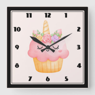 Cute Pink Cupcake Unicorn met Roos Vierkante Klok
