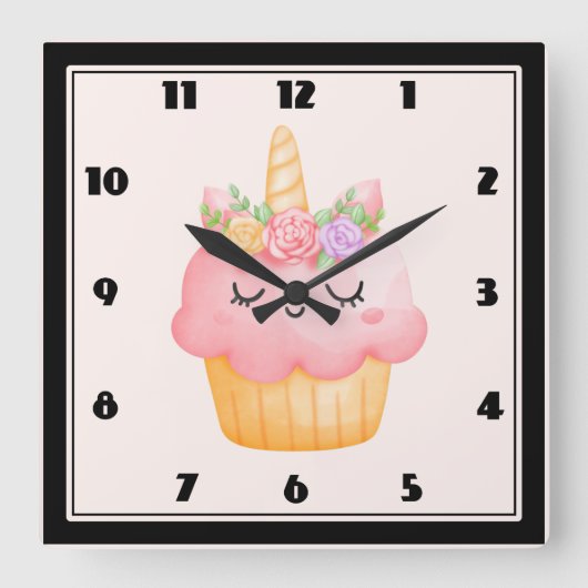 Cute Pink Cupcake Unicorn met Roos Vierkante Klok (Voorkant)
