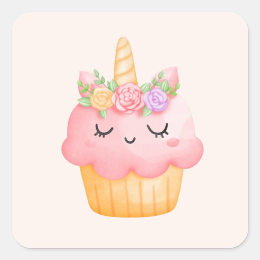 Cute Pink Cupcake Unicorn met Roos Vierkante Sticker (Voorkant)